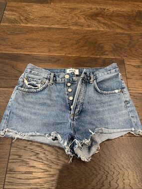 Agolde Light Blue High-Rise Frayed Hem Denim Shorts